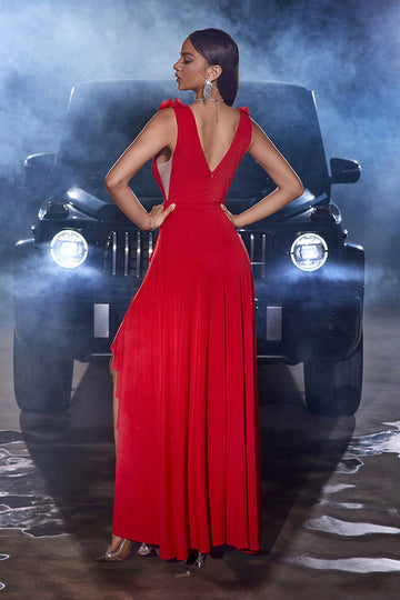 Red A Line V Neck Long Dress with Slit